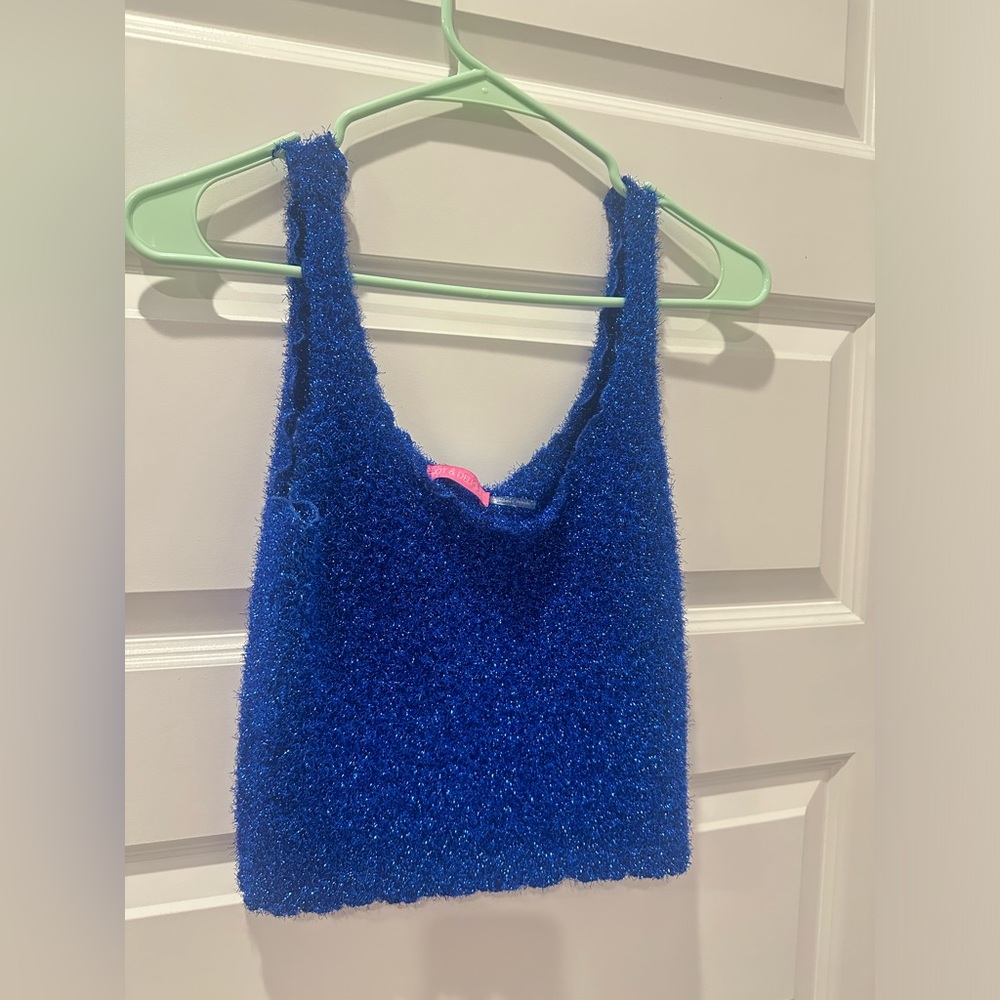 Electric Blue Fuzzy, Sparkly, Tinsel Crop Top
